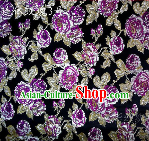 Traditional Asian Chinese Handmade Printing Roses Flowers Satin Black Silk Fabric, Top Grade Nanjing Brocade Tang Suit Hanfu Clothing Fabric Cheongsam Cloth Material