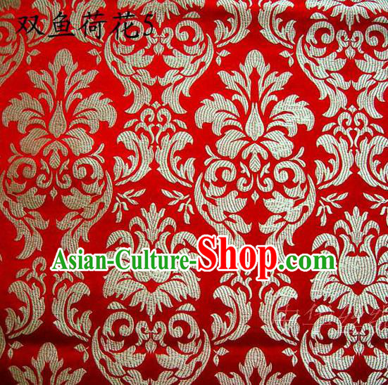 Traditional Asian Chinese Handmade Embroidery Lotus Flowers Fishes Satin Red Silk Fabric, Top Grade Nanjing Brocade Tang Suit Hanfu Wedding Tibetan Clothing Fabric Cheongsam Cloth Material