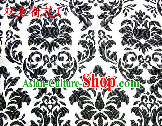 Traditional Asian Chinese Handmade Embroidery Black Lotus Flowers Fishes Satin White Silk Fabric, Top Grade Nanjing Brocade Tang Suit Hanfu Wedding Tibetan Clothing Fabric Cheongsam Cloth Material