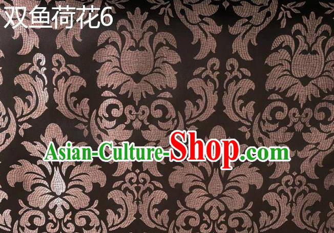 Traditional Asian Chinese Handmade Embroidery Lotus Flowers Fishes Satin Brown Silk Fabric, Top Grade Nanjing Brocade Tang Suit Hanfu Wedding Tibetan Clothing Fabric Cheongsam Cloth Material