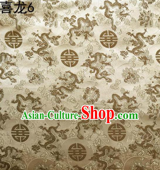 Traditional Asian Chinese Handmade Embroidery Happiness Dragon Satin Light Golden Silk Fabric, Top Grade Nanjing Brocade Tang Suit Hanfu Tibetan Clothing Fabric Cheongsam Cloth Material