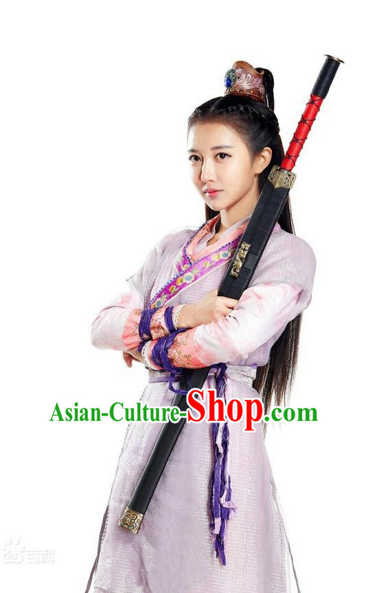 Asian Chinese Traditional Ming Dynasty Chivalrous Woman Costume and Headpiece Complete Set, China Ancient Elegant Hanfu Clothing Swordswoman Embroidered Dress