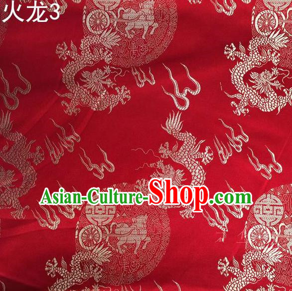 Traditional Asian Chinese Handmade Embroidery Fire Dragons Satin Tang Suit Red Silk Fabric, Top Grade Nanjing Brocade Ancient Costume Hanfu Clothing Fabric Cheongsam Cloth Material