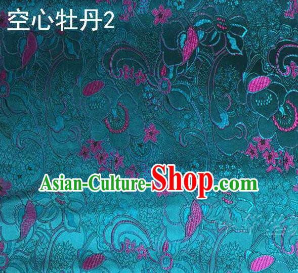 Traditional Asian Chinese Handmade Embroidery Peony Flowers Satin Tang Suit Peacock Blue Silk Fabric, Top Grade Nanjing Brocade Ancient Costume Hanfu Clothing Fabric Cheongsam Cloth Material