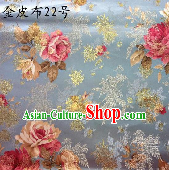 Traditional Asian Chinese Handmade Embroidery Phoenix Pink Peony Satin Tang Suit Blue Fabric, Nanjing Brocade Ancient Costume Hanfu Cheongsam Cloth Material