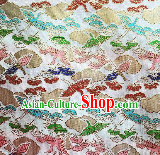 Traditional Asian Chinese Handmade Embroidery Cranes Satin Tang Suit White Fabric, Nanjing Brocade Ancient Costume Hanfu Kimono Cheongsam Cloth Material