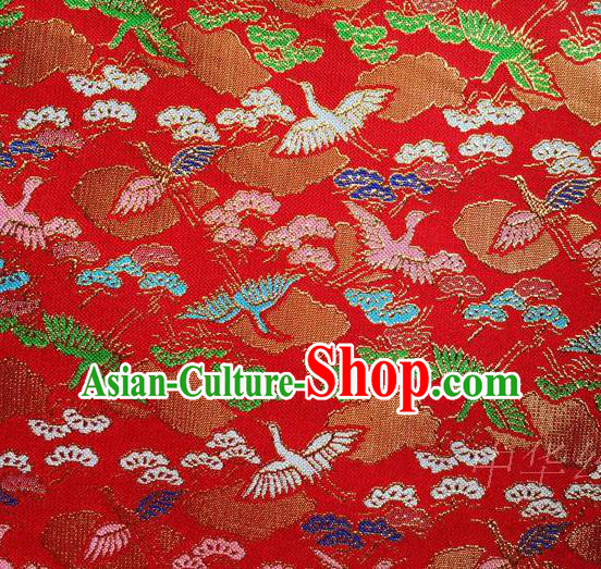 Traditional Asian Chinese Handmade Embroidery Cranes Satin Tang Suit Red Fabric, Nanjing Brocade Ancient Costume Hanfu Kimono Cheongsam Cloth Material