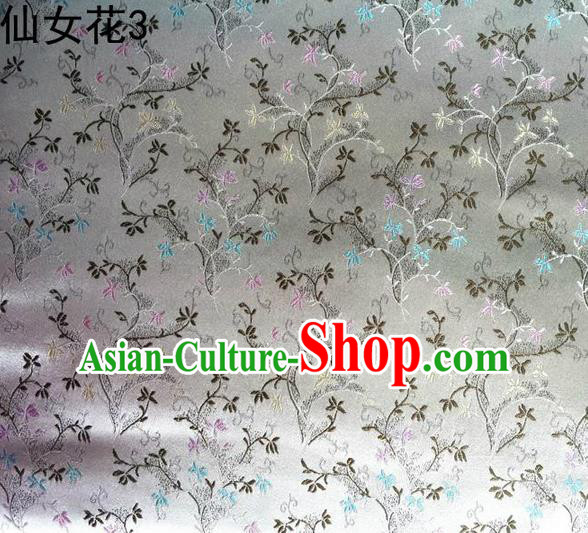 Traditional Asian Chinese Handmade Embroidery Spreading Flowers Satin Tang Suit White Silk Fabric, Top Grade Nanjing Brocade Ancient Costume Hanfu Clothing Cheongsam Cloth Material