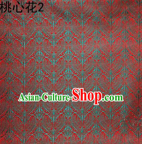 Traditional Asian Chinese Handmade Embroidery Blue Peach Hearts Flowers Satin Tang Suit Red Silk Fabric, Top Grade Nanjing Brocade Ancient Costume Hanfu Clothing Cheongsam Cloth Material