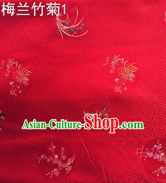 Traditional Asian Chinese Handmade Printing Plum Blossoms Orchid Bamboo and Chrysanthemum Satin Tang Suit Red Fabric, Nanjing Brocade Ancient Costume Hanfu Cheongsam Cloth Material