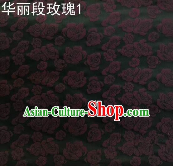 Traditional Asian Chinese Handmade Embroidery Roses Silk Satin Tang Suit Black Fabric, Nanjing Brocade Ancient Costume Hanfu Cheongsam Cloth Material