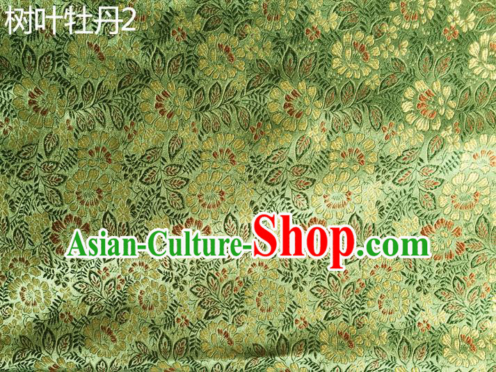 Traditional Asian Chinese Handmade Embroidery Peony Leaf Silk Satin Tang Suit Green Fabric, Nanjing Brocade Ancient Costume Hanfu Cheongsam Cloth Material