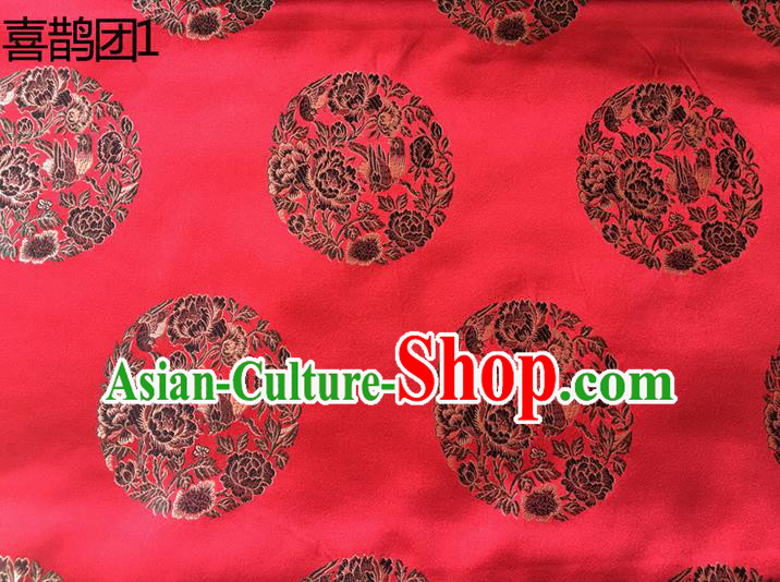 Traditional Asian Chinese Handmade Embroidery Peony Magpie Silk Satin Tang Suit Red Fabric, Nanjing Brocade Ancient Costume Hanfu Cheongsam Cloth Material