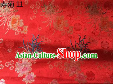 Traditional Asian Chinese Handmade Embroidery Marguerite Flowers Silk Satin Tang Suit Red Fabric Drapery, Nanjing Brocade Ancient Costume Hanfu Cheongsam Cloth Material