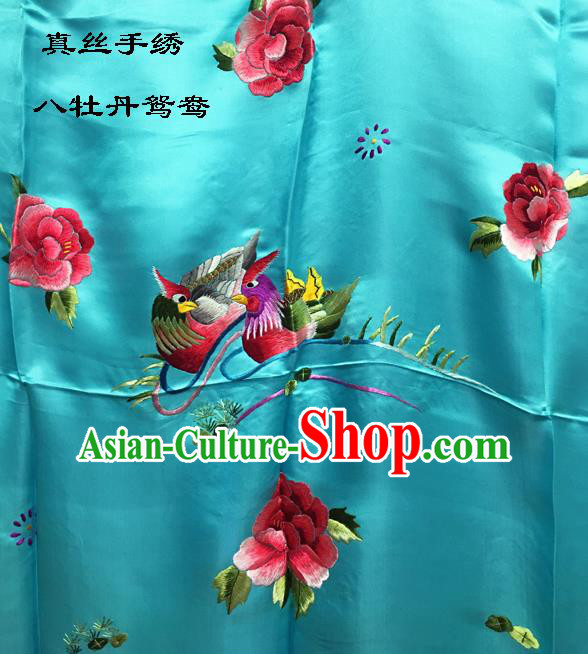 Traditional Asian Chinese Handmade Embroidery Mandarin Ducks Peony Quilt Cover Silk Tapestry Blue Fabric Drapery, Top Grade Nanjing Brocade Bed Sheet Cloth Material