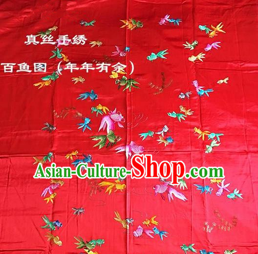 Traditional Asian Chinese Handmade Embroidery Fishes Quilt Cover Silk Tapestry Red Fabric Drapery, Top Grade Nanjing Brocade Bed Sheet Cloth Material