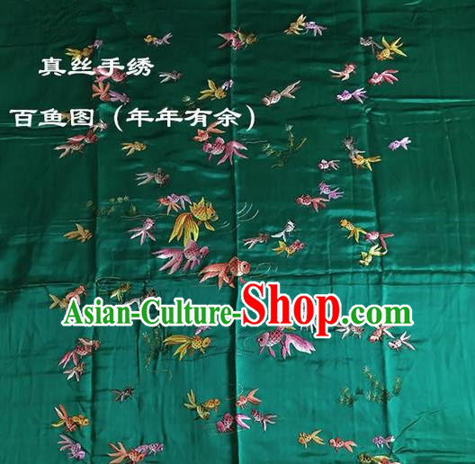 Traditional Asian Chinese Handmade Embroidery Fishes Quilt Cover Silk Tapestry Green Fabric Drapery, Top Grade Nanjing Brocade Bed Sheet Cloth Material