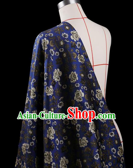 Traditional Asian Chinese Handmade Embroidery Flower Jacquard Weave Coat Silk Tapestry Blue Fabric Drapery, Top Grade Nanjing Brocade Ancient Costume Cheongsam Cloth Material