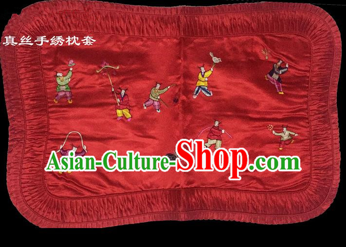 Traditional Asian Chinese Handmade Embroidery Silk Red Pillowslip, Top Grade Nanjing Brocade Pillow Cover
