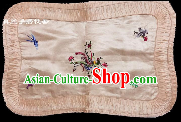 Traditional Asian Chinese Handmade Embroidery Phoenix Silk Pink Pillowslip, Top Grade Nanjing Brocade Pillow Cover