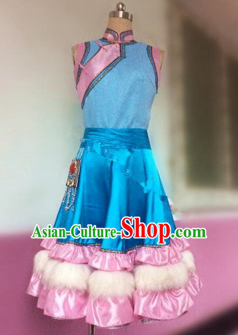 Traditional Ancient Chinese National Folk Dance Embroidery Costume, Elegant Hanfu China Classical Dance Blue Dress Clothing for Women