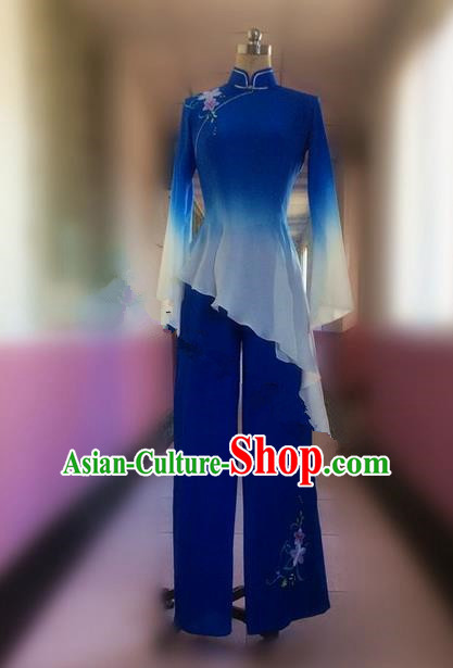 Traditional Ancient Chinese National Embroidering Flower Folk Yanko Dance Costume, Elegant Hanfu China Classical Dance Dress Blue Clothing for Women