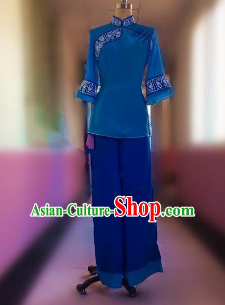 Traditional Ancient Chinese National Folk Yanko Dance Uniform, Elegant Hanfu China Classical Dance Dress Blue Clothing for Women