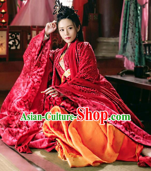 Asian Chinese Traditional Northern and Southern Dynasties Princess Wedding Costume and Headpiece Complete Set, Lost Love In Times China Ancient Imperial Concubine Embroidered Dress Clothing