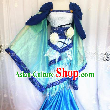 Asian Chinese Traditional Cospaly Han Dynasty Princess Costume, China Elegant Hanfu Fairy Blue Dress for Women