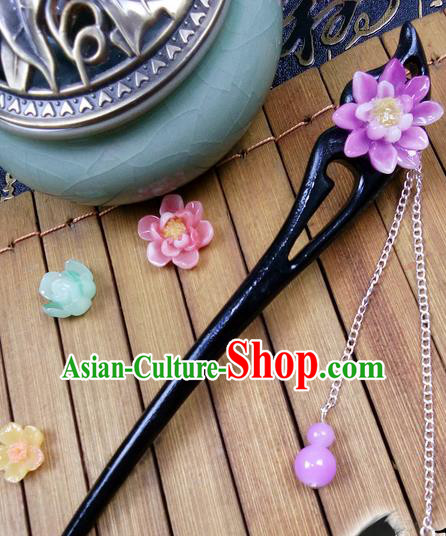 Traditional Handmade Chinese Ancient Classical Hair Accessories Peach Wood Hairpins, Purple Flower Tassel Step Shake Hair Stick Hair Fascinators for Women