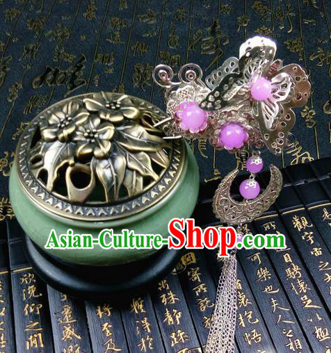 Traditional Handmade Chinese Ancient Classical Hair Accessories Butterfly Hairpins, Princess Pink Bead Tassel Step Shake Hair Stick Hair Fascinators for Women
