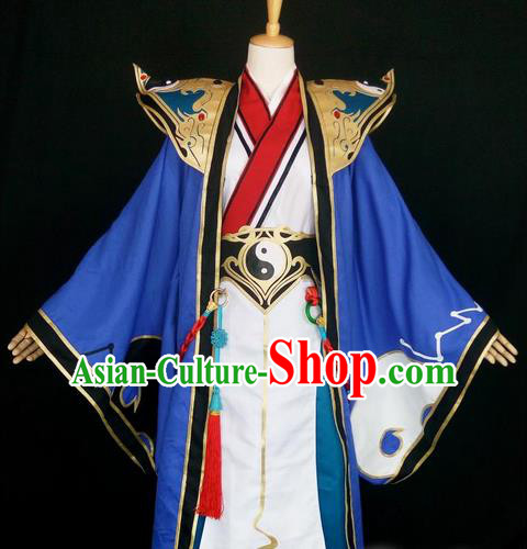 Asian Chinese Traditional Cospaly Han Dynasty Royal Prince Costume, China Elegant Hanfu Nobility Childe Blue Robe Clothing for Men