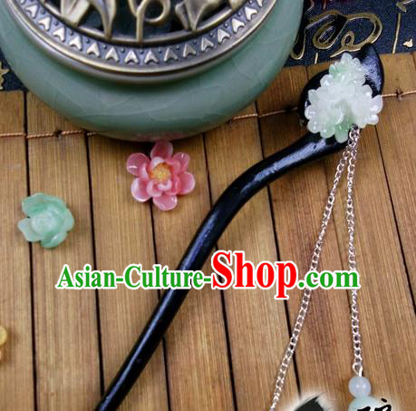 Traditional Handmade Chinese Ancient Classical Hair Accessories Ebony Hairpins, Princess Green Flower Tassel Step Shake Headpiece for Women