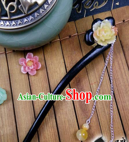 Traditional Handmade Chinese Ancient Classical Hair Accessories Ebony Hairpins, Princess Yellow Flower Tassel Step Shake Headpiece for Women