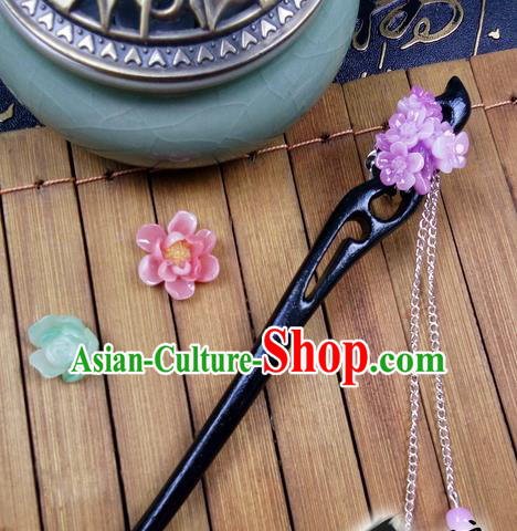 Traditional Handmade Chinese Ancient Classical Hair Accessories Ebony Hairpins, Princess Purple Oriental Cherry Tassel Step Shake Headpiece for Women