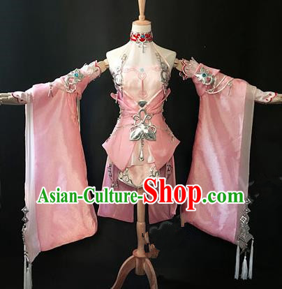 Asian Chinese Traditional Cospaly Costume Customization Swordswoman Dance Costume, China Elegant Hanfu Princess Pink Dress Clothing for Women