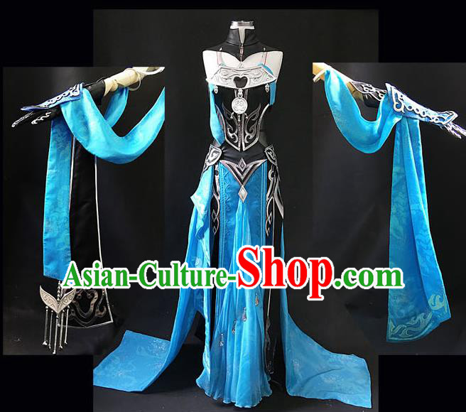 Asian Chinese Traditional Cospaly Costume Customization Swordswoman Costume, China Elegant Hanfu Peri Blue Dress Clothing for Women