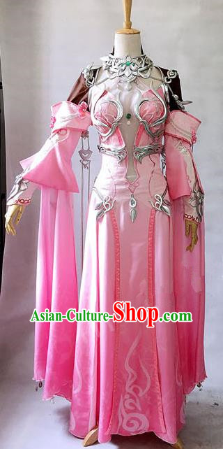 Asian Chinese Traditional Cospaly Costume Customization Dunhuang Flying Apsaras Costume Complete Set, China Elegant Hanfu Peri Pink Dress Clothing for Women