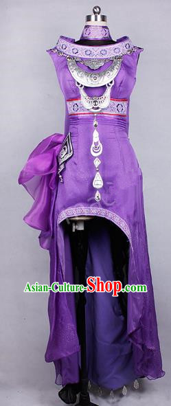 Asian Chinese Traditional Cospaly Costume Customization Ancient Miao Nationality Young Lady Costume Complete Set, China Elegant Hanfu Princess Purple Dress Clothing for Women