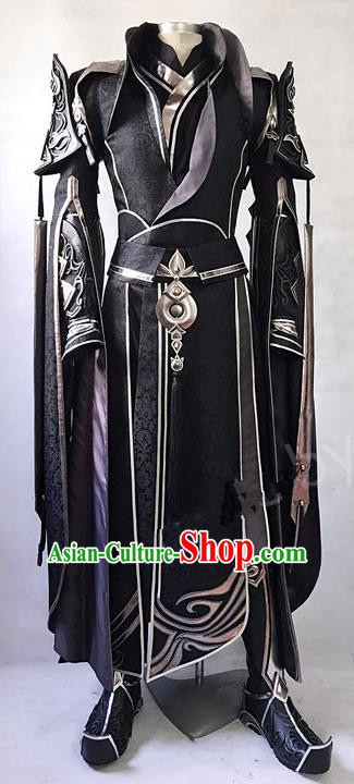 Asian Chinese Traditional Cospaly Costume Customization Ancient Royal Highness General Costume Complete Set, China Elegant Hanfu Swordsman Black Clothing for Men
