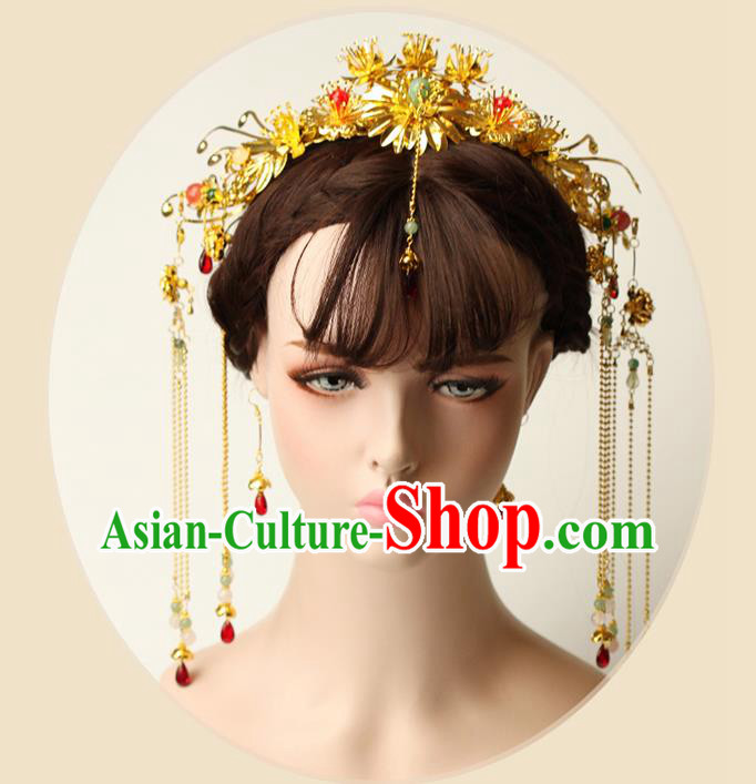 Chinese Ancient Style Hair Jewelry Accessories Wedding Phoenix Coronet Complete Set, Hanfu Xiuhe Suits Step Shake Bride Handmade Hairpins for Women
