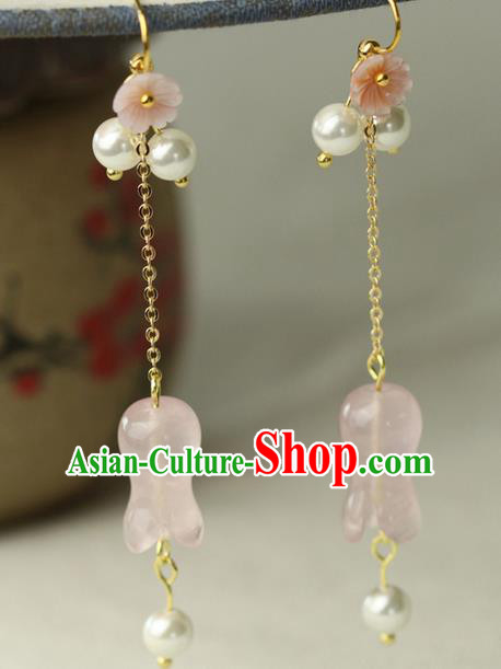 Chinese Ancient Style Hair Jewelry Accessories Wedding Imperial Consort Pink Petunia Earrings, Hanfu Xiuhe Suits Bride Handmade Brass Tassel Eardrop for Women