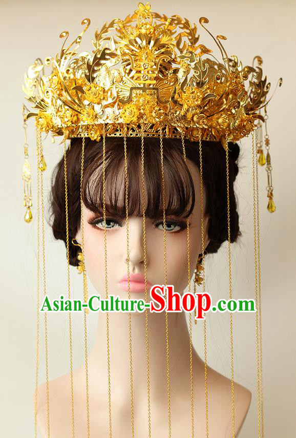 Chinese Ancient Style Hair Jewelry Accessories Wedding Golden Luxury Phoenix Coronet Complete Set, Hanfu Xiuhe Tassel Suits Step Shake Bride Handmade Hairpins for Women