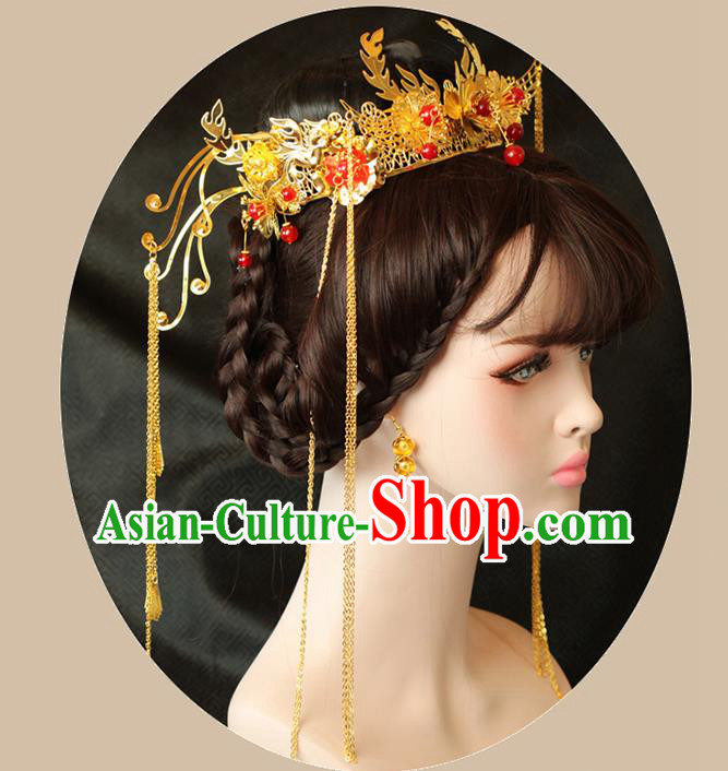 Chinese Ancient Style Hair Jewelry Accessories Wedding Hairpins, Hanfu Xiuhe Suits Bride Imperial Empress Handmade Phoenix Coronet Complete Set for Women