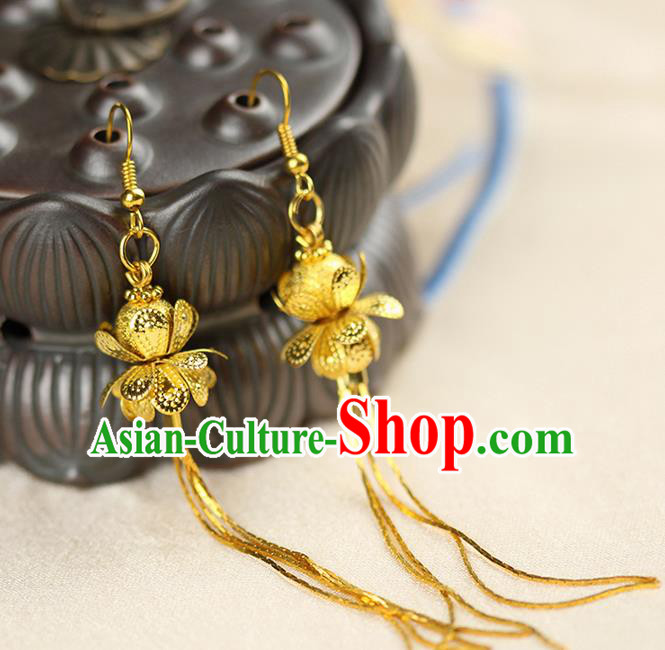 Chinese Ancient Style Hair Jewelry Accessories Wedding Golden Lotus Earrings, Hanfu Xiuhe Suits Bride Handmade Eardrop for Women