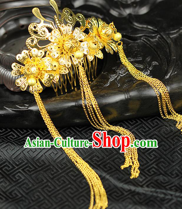 Asian Chinese Ancient Style Hair Jewelry Accessories Wedding Tassel Hairpins, Hanfu Xiuhe Suits Bride Handmade Hair Comb for Women
