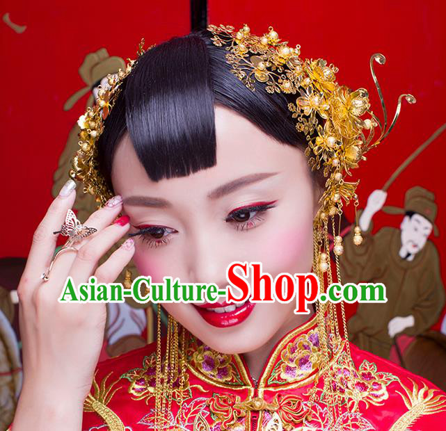 Asian Chinese Ancient Style Hair Jewelry Accessories Wedding Tassel Hairpin, Step Shake Hanfu Xiuhe Suits Bride Handmade Hair Clasp Complete Set for Women