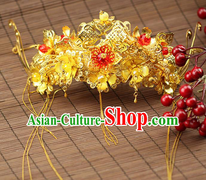Asian Chinese Ancient Style Hair Jewelry Accessories Wedding Tassel Hairpin, Step Shake Hanfu Xiuhe Suits Bride Handmade Phoenix Crown for Women
