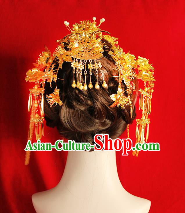 Chinese Ancient Style Hair Jewelry Accessories Wedding Tassel Hairpins Complete Set, Hanfu Xiuhe Suits Step Shake Bride Tuinga Handmade Phoenix Coronet for Women