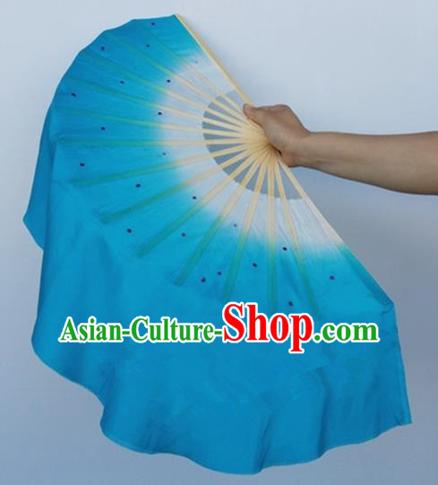Pure Silk Traditional Chinese Fans Oriental Blue Ribbon Fan Folk Dance Cultural Yanko Dance Hand Fan